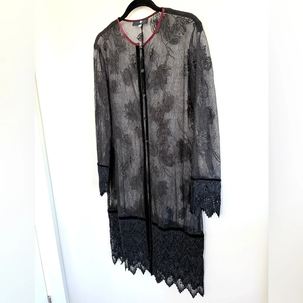 Sue Wong Nocturne Vintage 90s Black Lace Cardigan Jacket Coat Velvet Trim Sz M - Picture 2 of 13